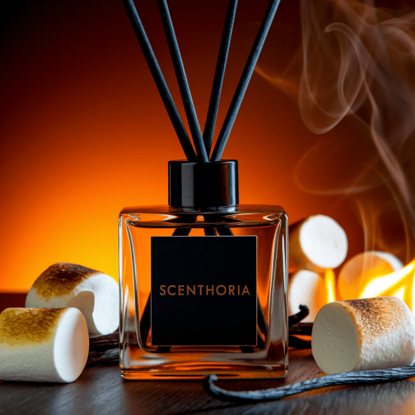 Scenthoria Marshmallow Fireside – Tatlı ve Sıcak Bir Kış Kokusu Kızarmış marshmallow’lar ve vanilya çubuklarıyla çevrili Scenthoria oda kokusu şişesi, ateş başında geçirilen tatlı ve sıcak anları temsil ediyor